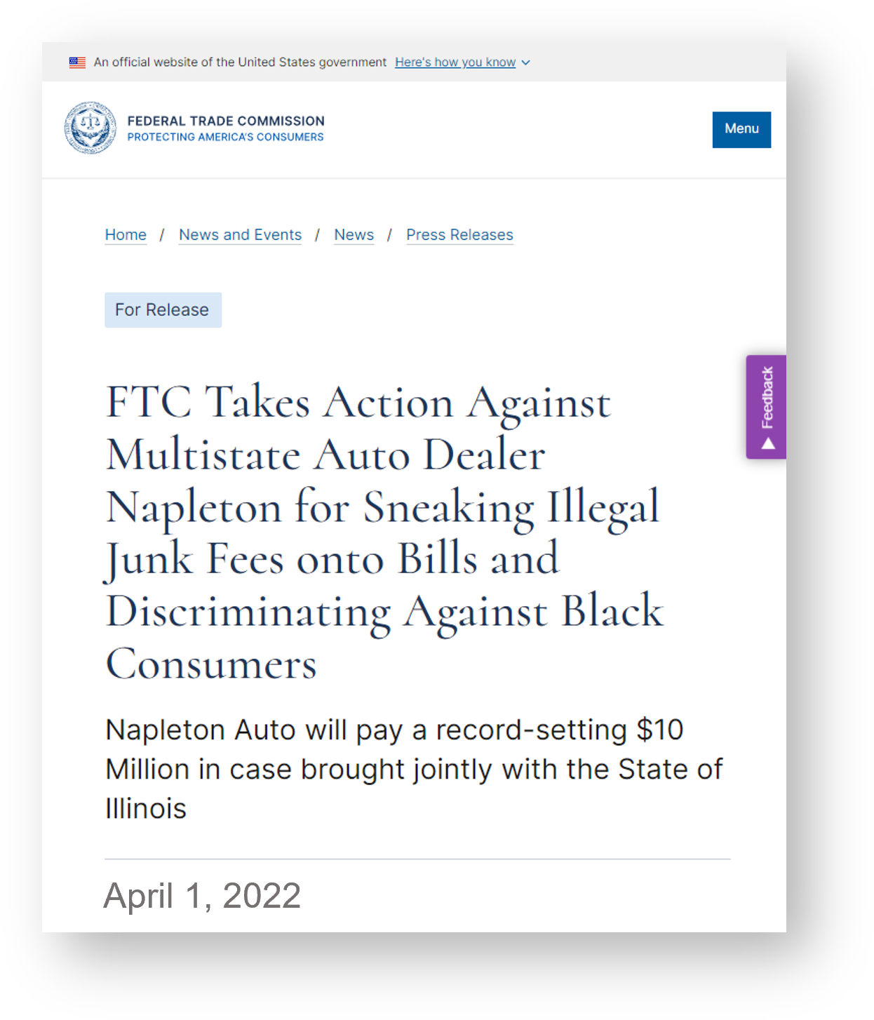 FTC Headline about Napleton action